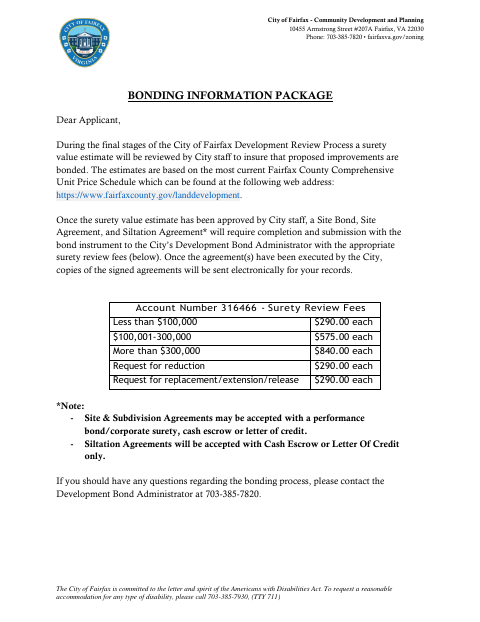 First page of the Bonding Information Package