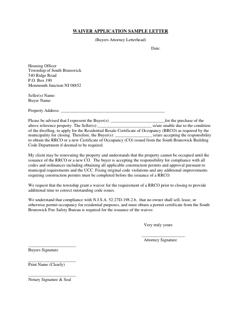 First page of the Residential Resale Certificate Waiver Application Letter