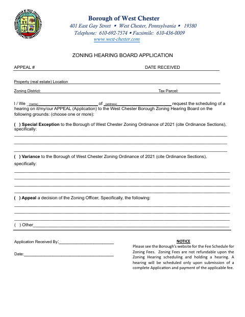 First page of the Zoning Hearing Board Application