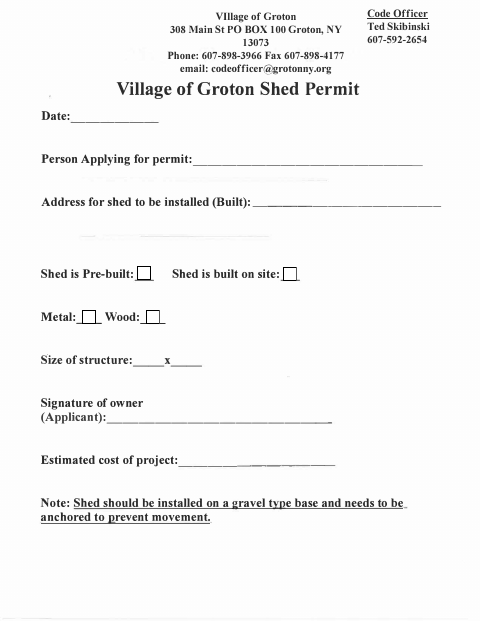 First page of the Shed Permit
