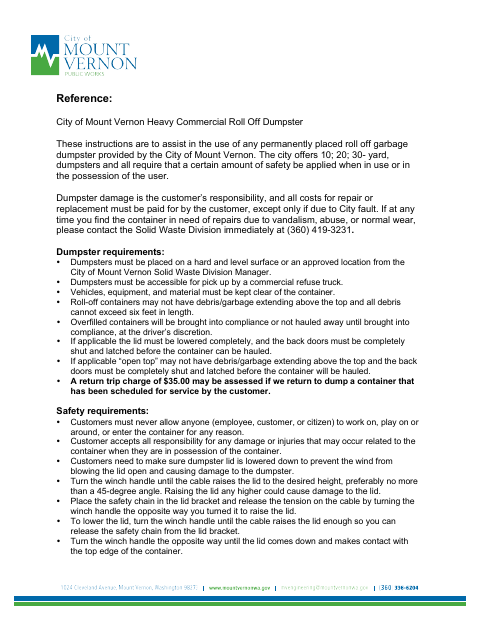 First page of the Temporary Dumpster Use Safety Instructions