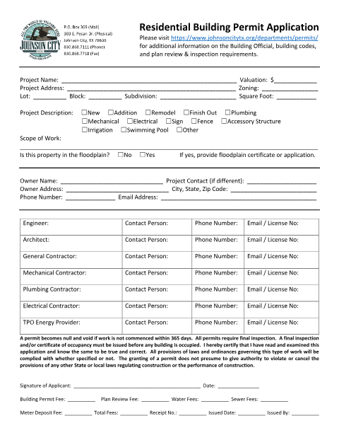 First page of the Residential Building Permit Application