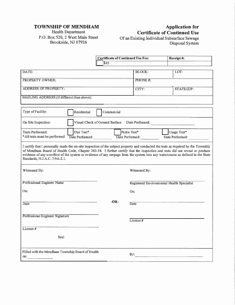 First page of the Application for Certificate of Continued Use of an Existing Individual Subsurface Sewage Disposal System