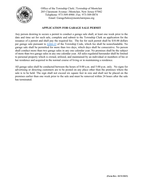 First page of the Application for Garage Sale Permit