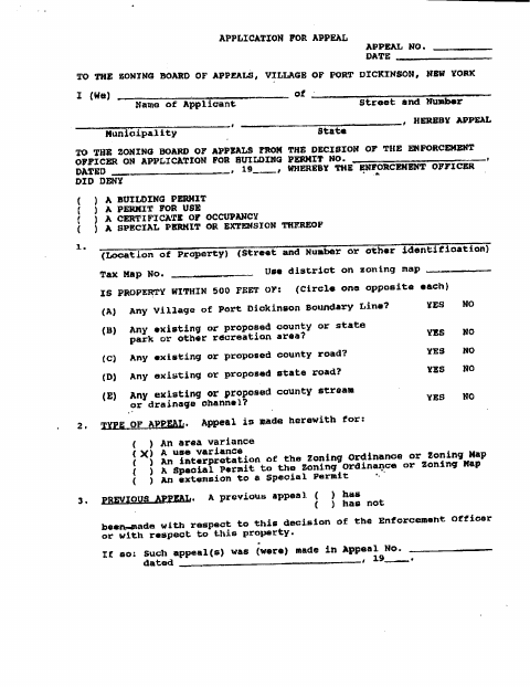 First page of the Area or Use Variance Appeal Application