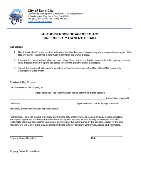 First page of the Authorization of Agent to Act on Property Owner’s Behalf