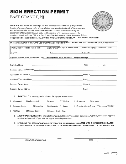 First page of the Sign Erection Permit