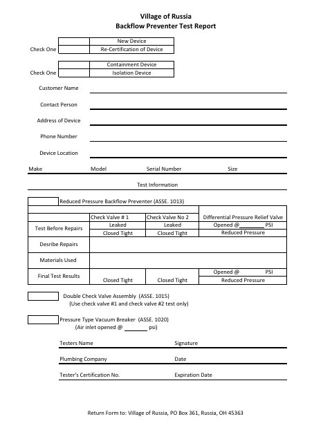 First page of the Backflow Preventer Test Report