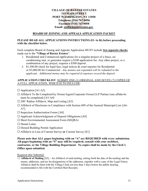 First page of the Board of Zoning Appeals Application