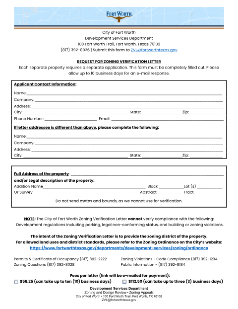 First page of the Zoning Verification Letter Application