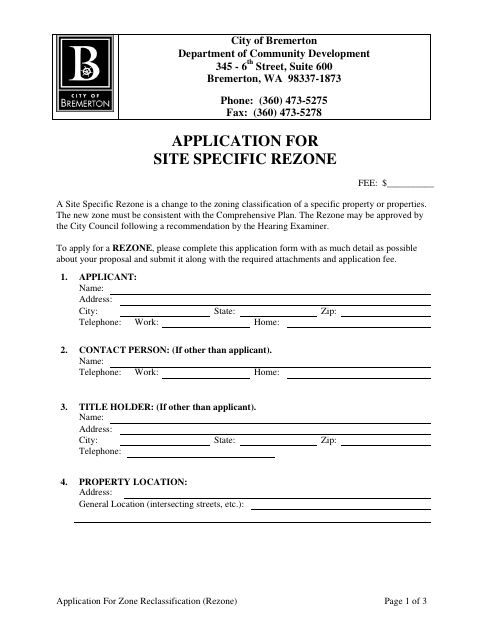 First page of the Application for Site-Specific Rezone