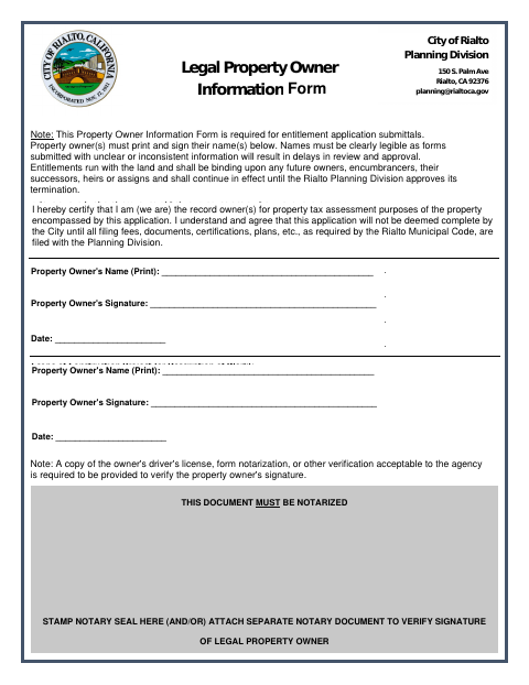 First page of the Property Owner Authorized Agent Form