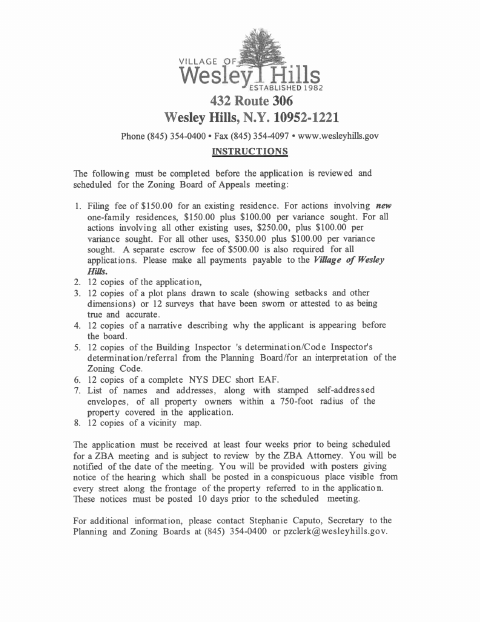 First page of the Zoning Board of Appeals Application