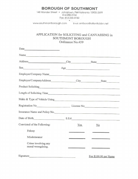 First page of the Solicitation and Canvassing Application