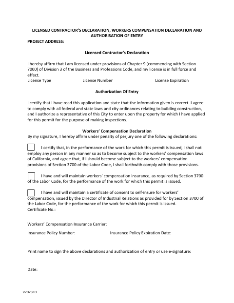 First page of the Licensed Contractor’s Declaration, Workers’ Compensation Declaration and Authorization of Entry
