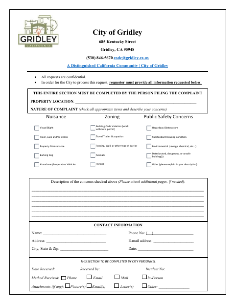 First page of the Property Condition Complaint Form