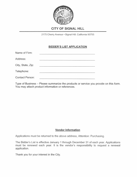 First page of the Bidder’s List Application