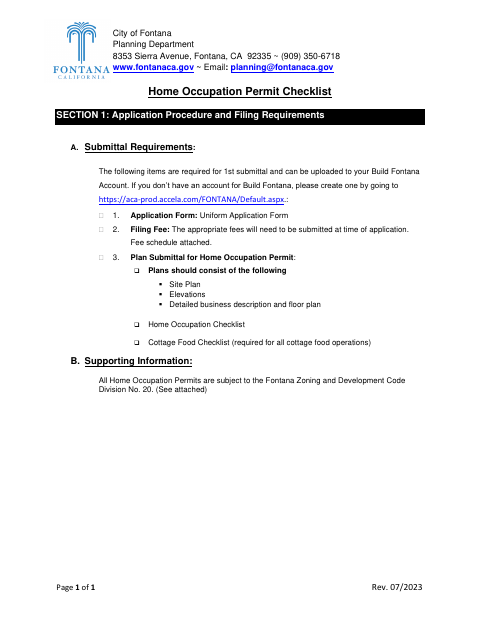 First page of the Home Occupation Permit Checklist
