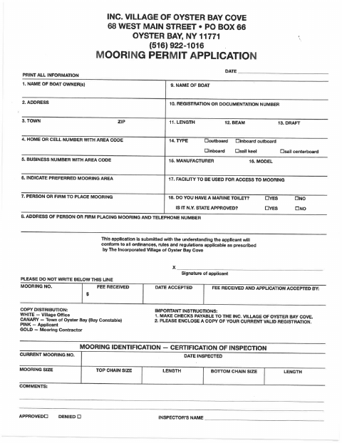First page of the Mooring Permit Application