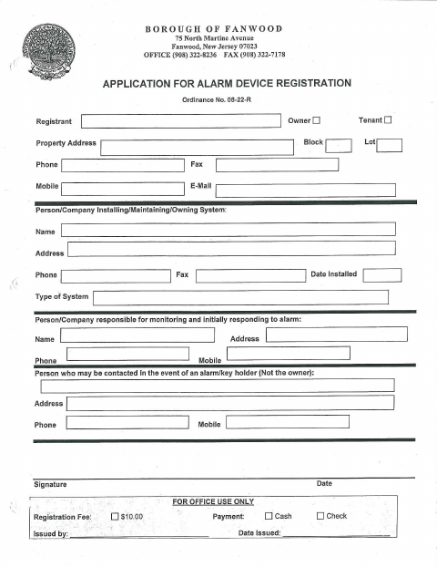 First page of the Alarm Device Registration Application