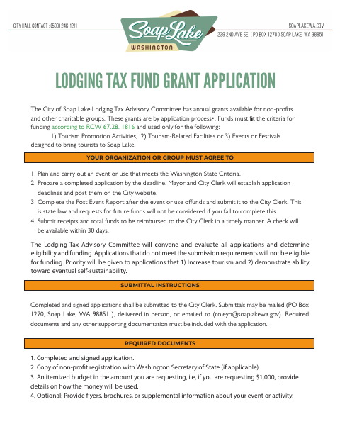 First page of the Lodging Tax Fund Grant Application