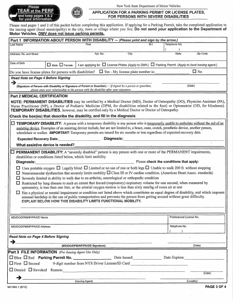 First page of the Application for Parking Permit for Persons With Severe Disabilities