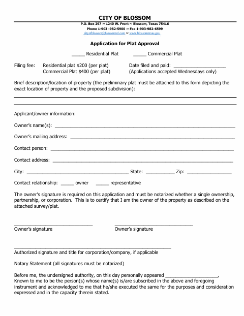 First page of the Application for Plat Approval