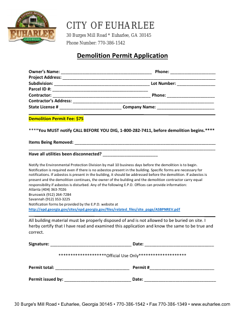 First page of the Demolition Permit Application