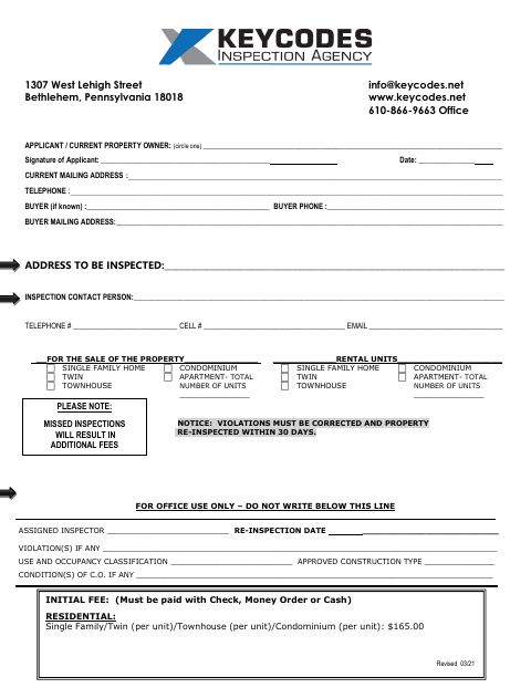 First page of the Property Inspection Application