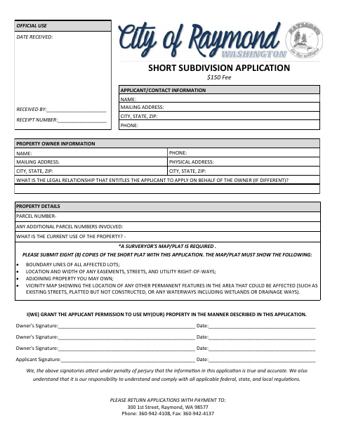 First page of the Short Subdivision Application