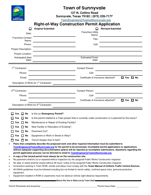 First page of the Right-of-Way Construction Permit Application
