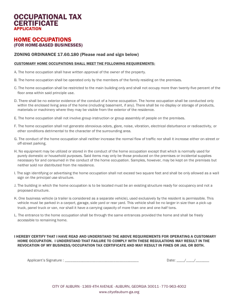 First page of the Occupational Tax Certificate Home Occupations