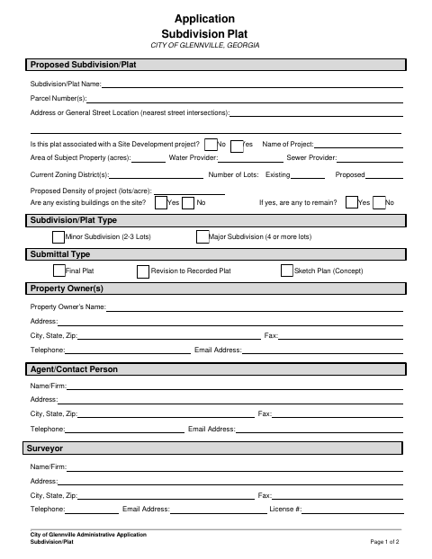 First page of the Subdivision/Plat Application