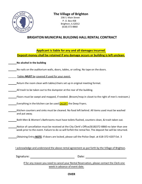 First page of the Municipal Building Hall Rental Contract