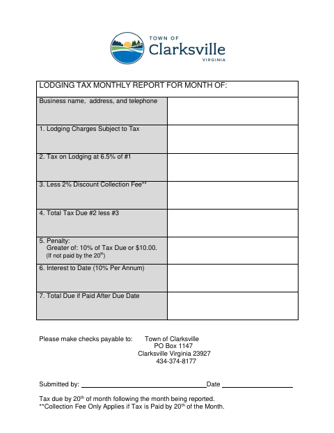 First page of the Lodging Tax Monthly Report