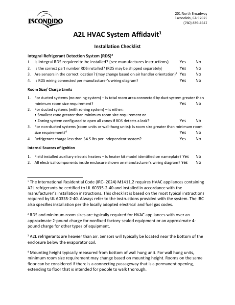 First page of the A2L HVAC System Affidavit