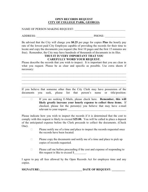 First page of the Open Records Request