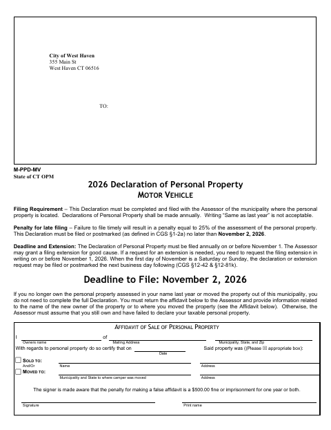 First page of the Motor Vehicle Personal Property Declaration