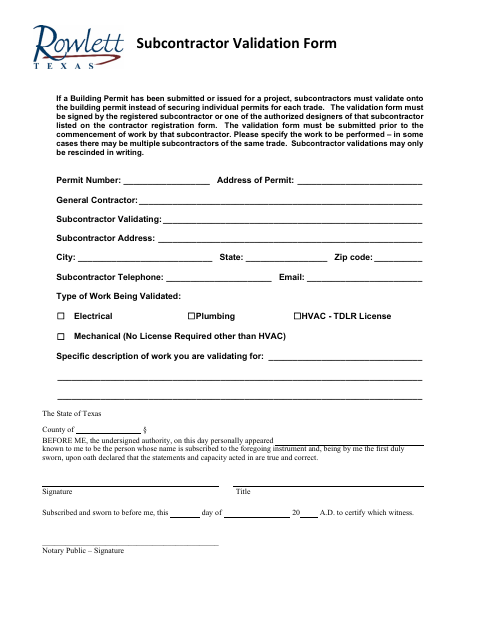 First page of the Subcontractor Validation Form