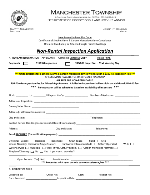 First page of the Non-Rental Smoke And Carbon Monoxide Alarm Compliance Inspection Application