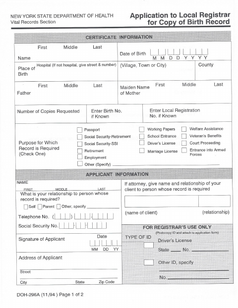 First page of the Application for Copy of Birth Record