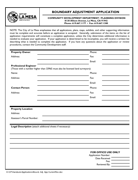 First page of the Boundary Adjustment Application