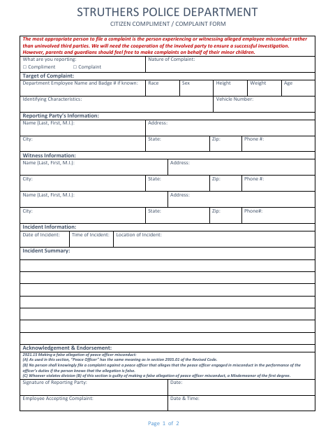 First page of the Citizen Compliment / Complaint Form