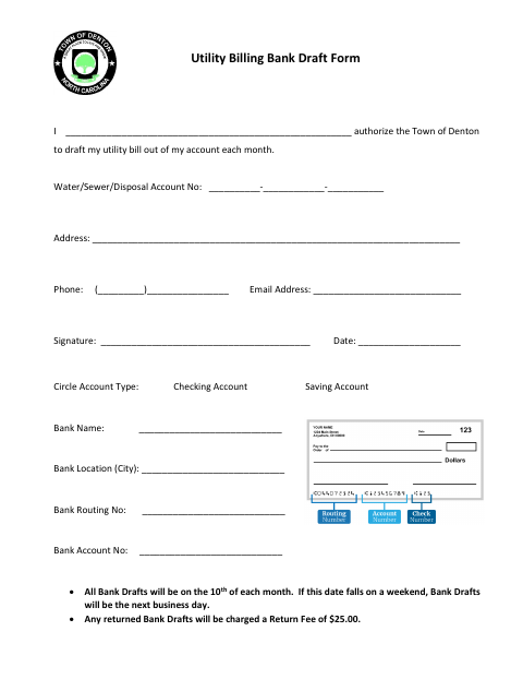 First page of the Utility Billing Bank Draft Form
