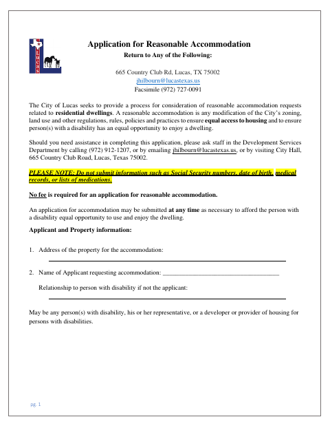 First page of the Application for Reasonable Accommodation