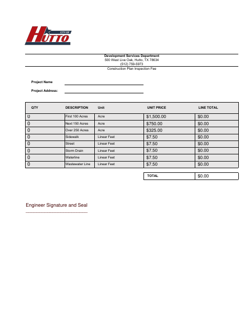 First page of the Construction Plan Inspection Fee