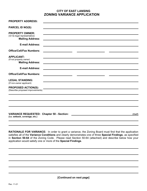 First page of the Zoning Variance Application