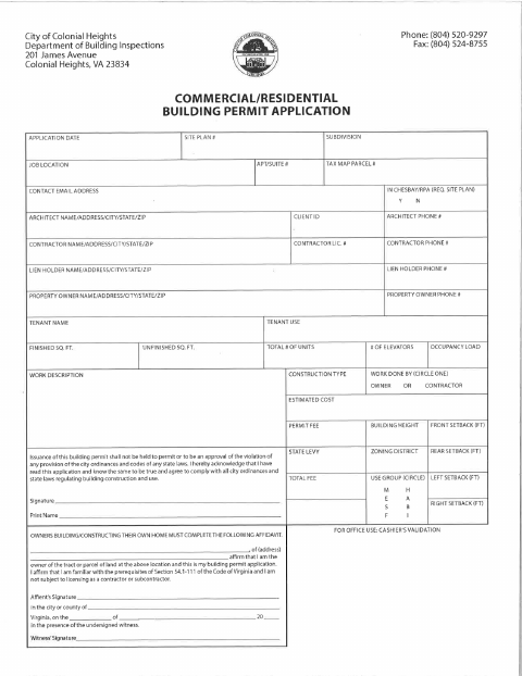 First page of the Residential/Commercial Building Permit Application