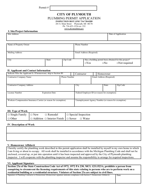 First page of the Plumbing Permit Application