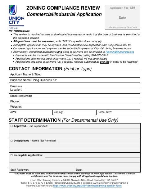 First page of the Zoning Compliance Review Commercial/Industrial Application